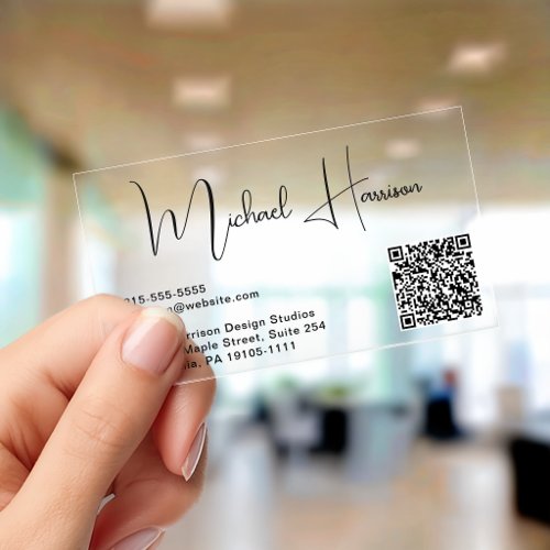 Modern Signature Script QR Code Professional Clear Business Cards