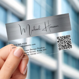 Modern Signature Script QR Code Silver Clear Business Cards