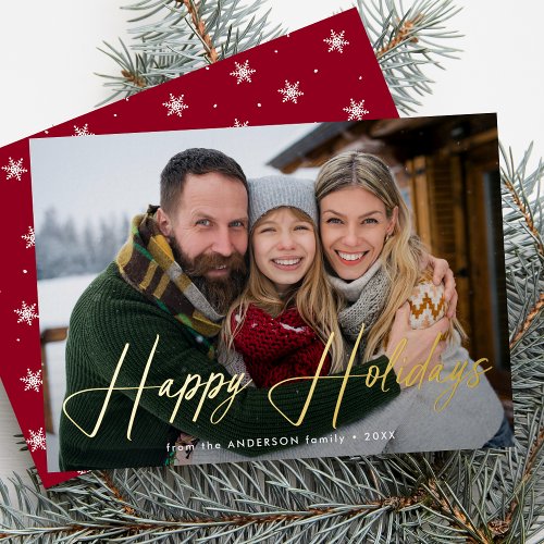Modern Signature Script Red Photo Foil Holiday Card