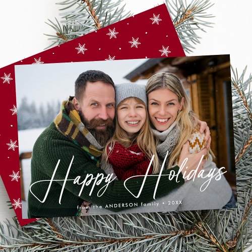 Modern Signature Script Red Photo Holiday Card