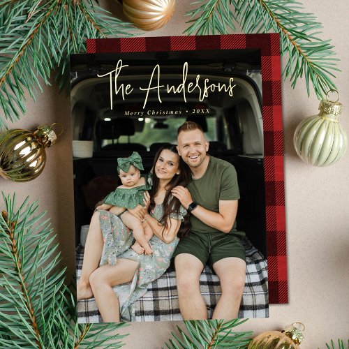 Modern Signature Script Red Plaid Photo Foil Holiday Card