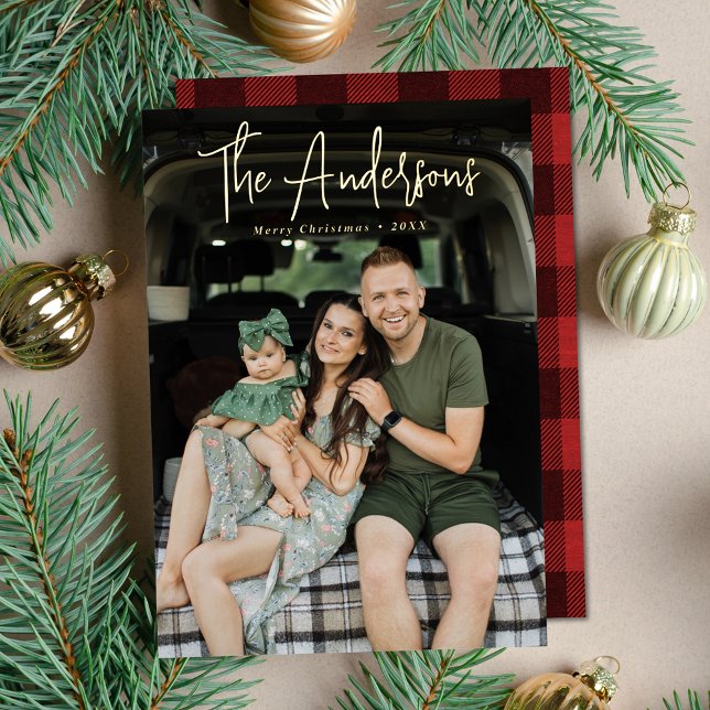 Modern Signature Script Red Plaid Photo Foil Holiday Card (Creator Uploaded)