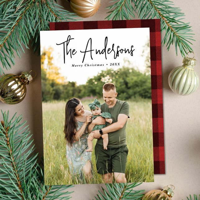 Modern Signature Script Red Plaid Photo Holiday Card (Creator Uploaded)