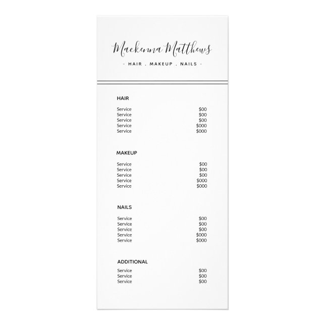 Modern Signature Script White Salon Service Menu (Front)