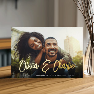 Modern Signature Single Photo Save the Date Foil Invitation