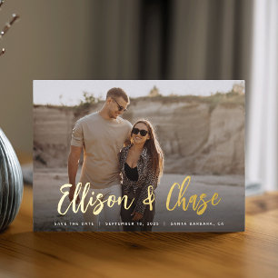 Modern Signature Single Photo Save the Date Foil Invitation