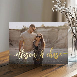 Modern Signature Single Photo Save the Date Foil Invitation