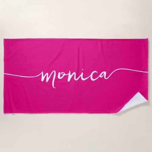 Modern Signature with Swashes Name Hot Pink Beach Towel