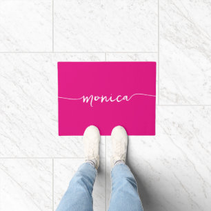Modern Signature with Swashes Name Hot Pink Doormat