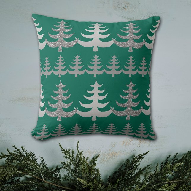 Modern Silhouette Silver Christmas Tree on Green Throw Pillow (Creator Uploaded)