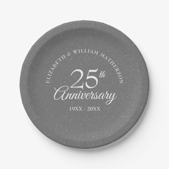 Modern Silver 25th Wedding Anniversary Confetti Paper Plates (Front)
