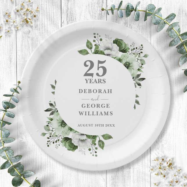 Modern Silver 25th Wedding Anniversary Greenery  Paper Plates (Modern Silver 25th Wedding Anniversary Greenery Paper Plates)