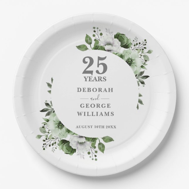 Modern Silver 25th Wedding Anniversary Greenery  Paper Plates (Front)