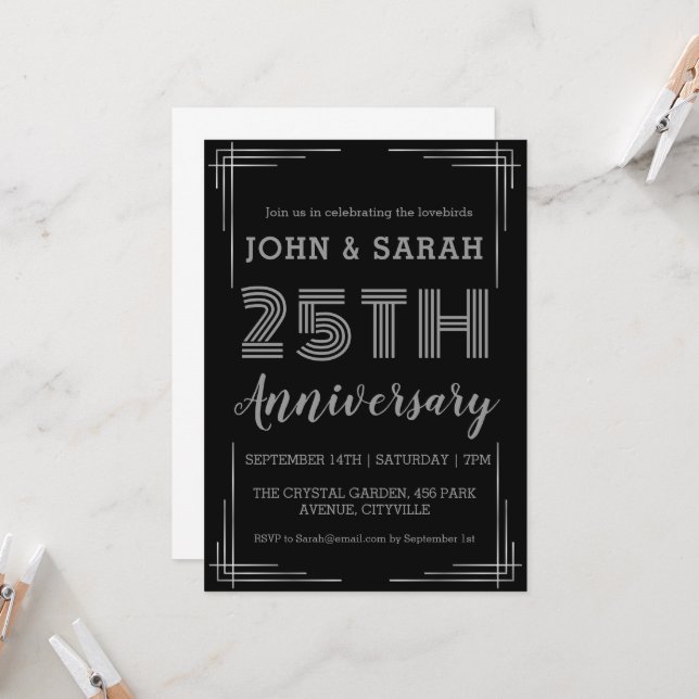 modern silver 25th wedding anniversary invitations (Front/Back In Situ)