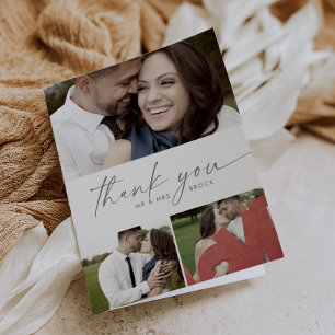 Modern Silver 3 Photo Collage Folded Wedding Letterpress Thank You Card