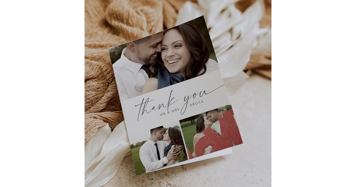 Modern Silver 3 Photo Collage Folded Wedding Thank You Card | Zazzle