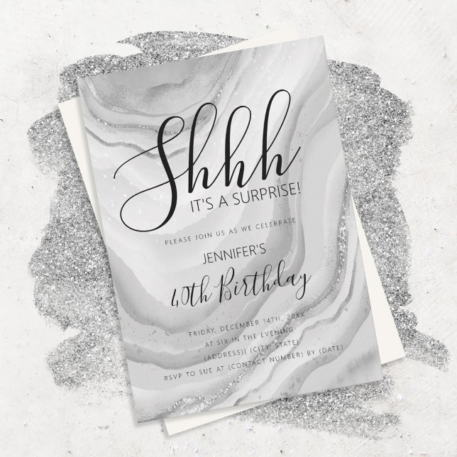 Modern Silver 40th Birthday Watercolor Glitter Invitation (Creator Uploaded)