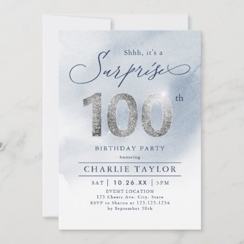 Modern silver adult surprise 100th birthday invitation