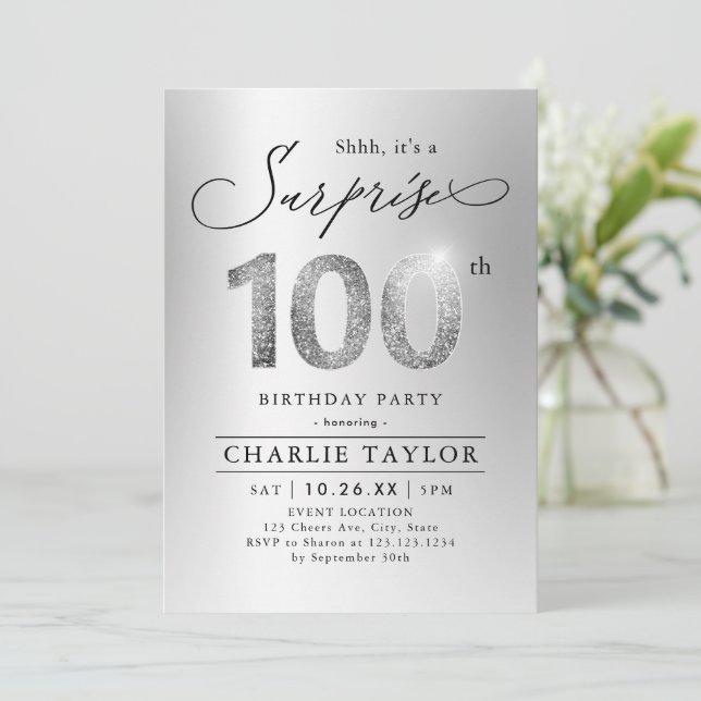 Modern silver adult surprise 100th birthday invitation (Standing Front)