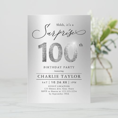 Modern silver adult surprise 100th birthday invitation