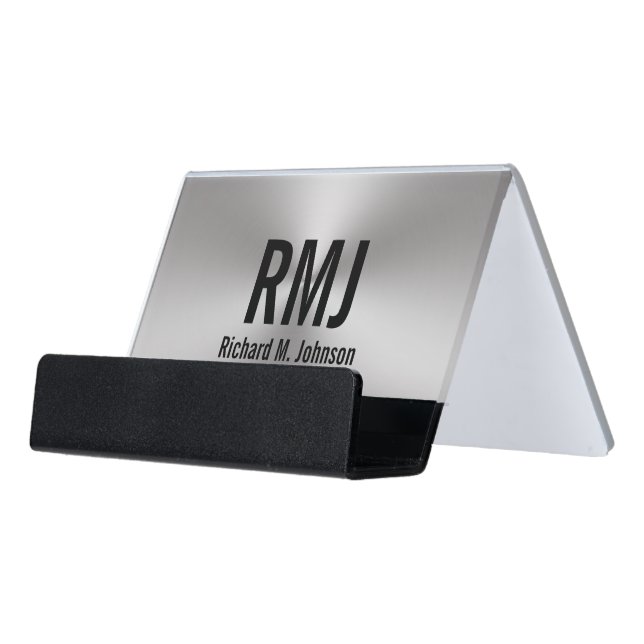 Modern Silver and Black Monogram Desk Business Card Holder (Angled Front)
