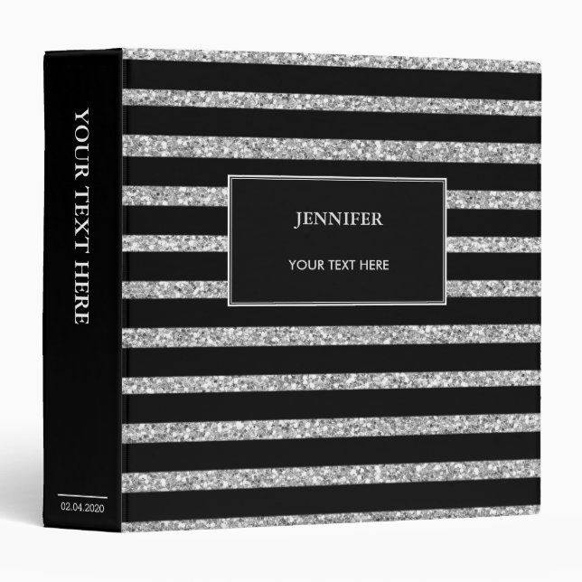 Modern silver and black stripes personal 3 ring binder (Front/Spine)