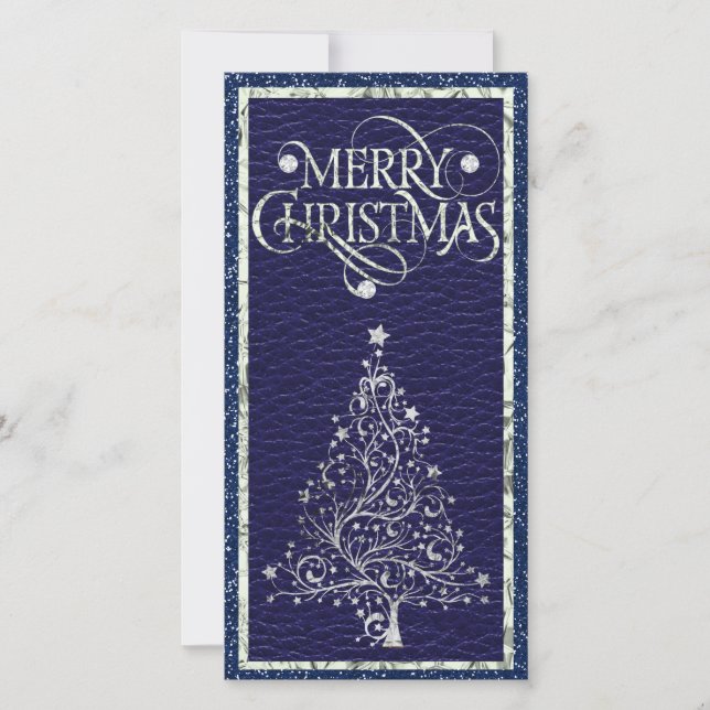 Modern Silver and Blue Christmas Tree Flat Card (Front)