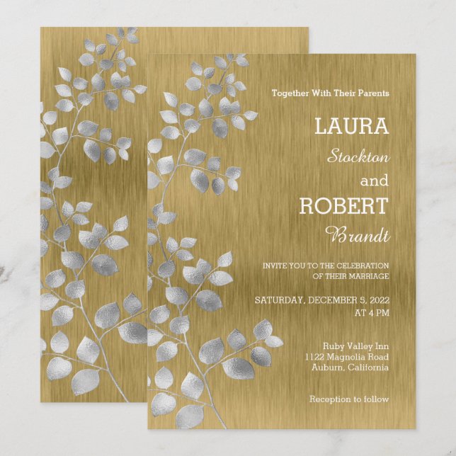 Modern Silver and Gold Floral Wedding Invitation (Front/Back)