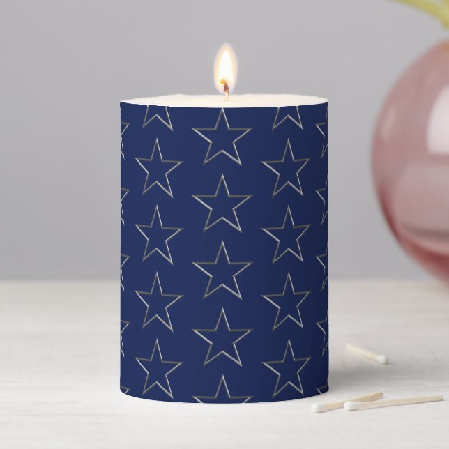Modern silver and navy blue stars holiday party pillar candle (In Situ)