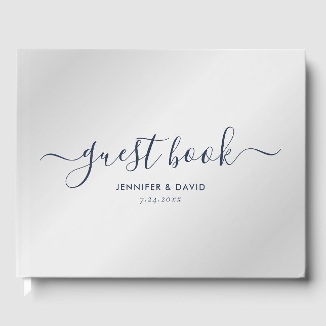 Modern Silver and Navy Blue Wedding Guest Book (Front)