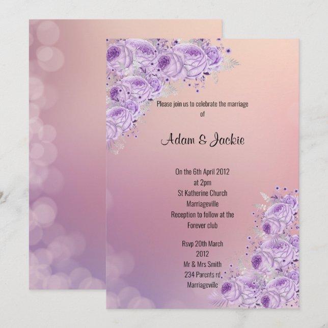 Modern Silver Apricot Lilac floral WEDDING Invitation (Front/Back)