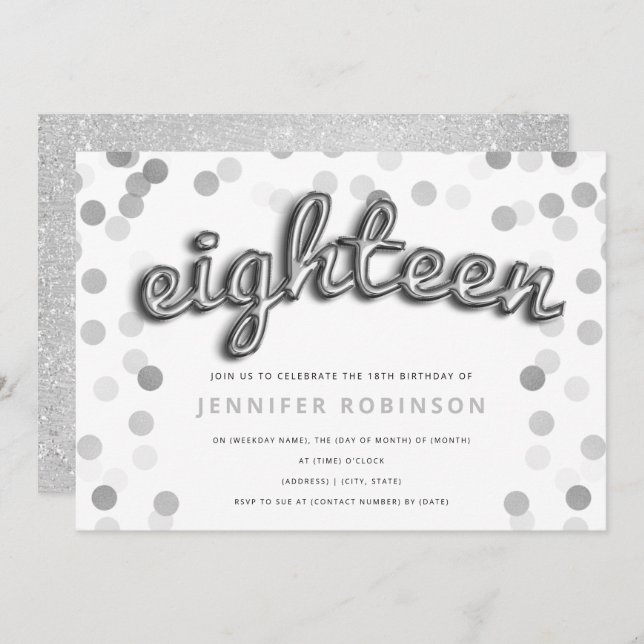 Modern Silver Balloons Glitter 18th Birthday Invitation (Front/Back)