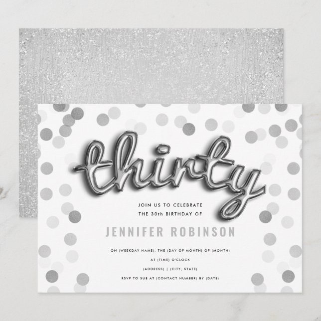 Modern Silver Balloons Glitter Thirtieth Birthday Invitation (Front/Back)