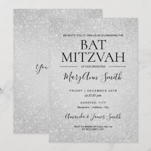 Modern Silver Bat Mitzvah Faux Glitter Paint Invitation