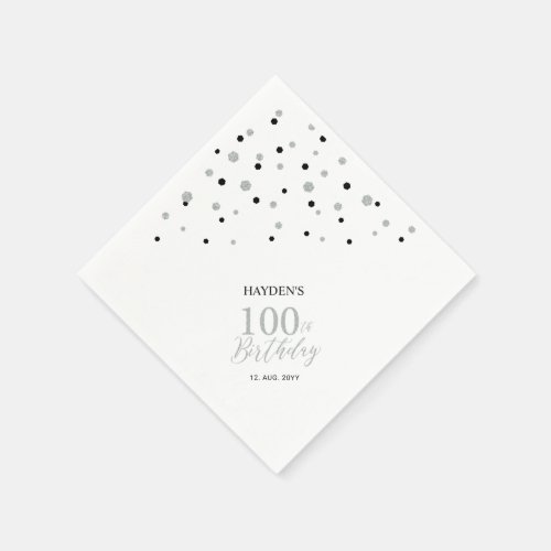 Modern Silver  Black 100th Birthday Party Napkins