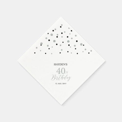 Modern Silver  Black 40th Birthday Party Napkins