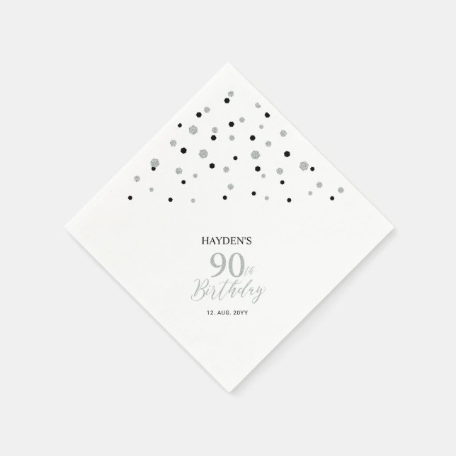 Modern Silver & Black 90th Birthday Party Napkins (Corner)
