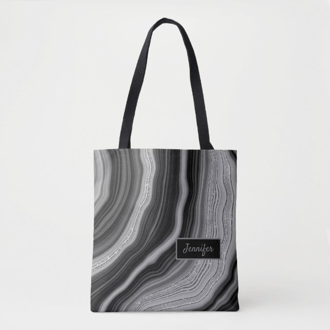 Modern Silver Black Agate Crystal Personalize Name Tote Bag (Front)