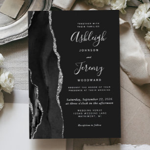 Modern Silver Black Agate Dark Wedding Foil Invitation