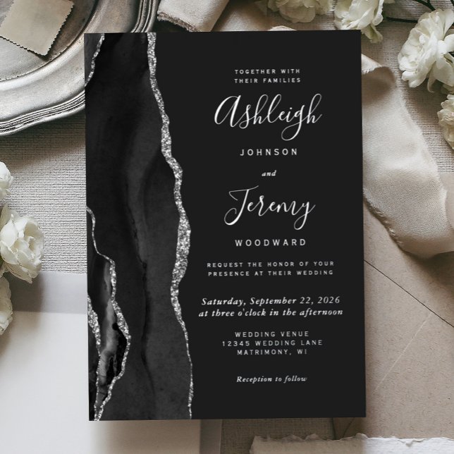 Modern Silver Black Agate Dark Wedding Foil Invitation (Creator Uploaded)