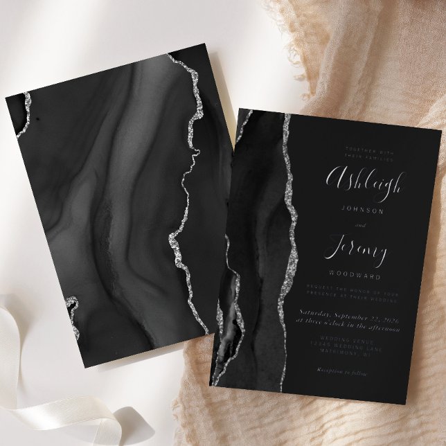 Modern Silver Black Agate Dark Wedding Foil Invitation (Creator Uploaded)
