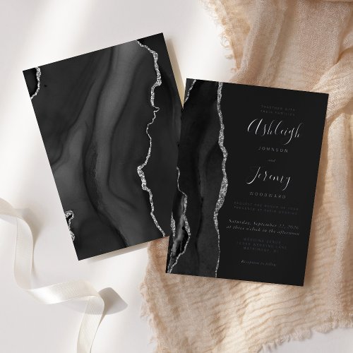 Modern Silver Black Agate Dark Wedding Foil Invitation