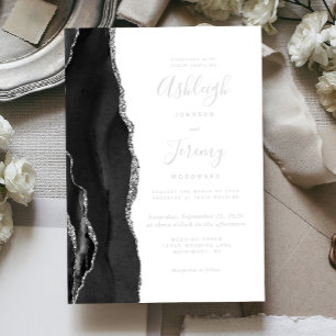 Modern Silver Black Agate Wedding Foil Invitation