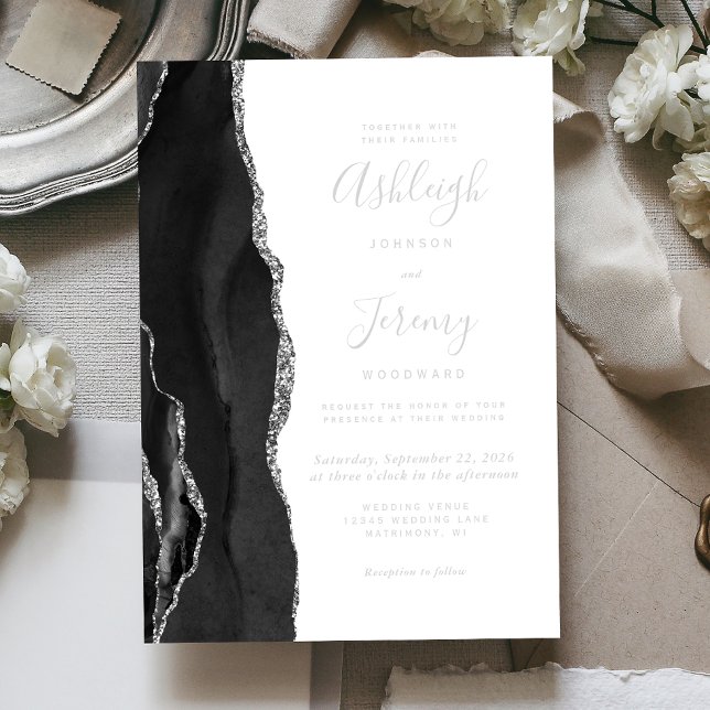 Modern Silver Black Agate Wedding Foil Invitation (Creator Uploaded)