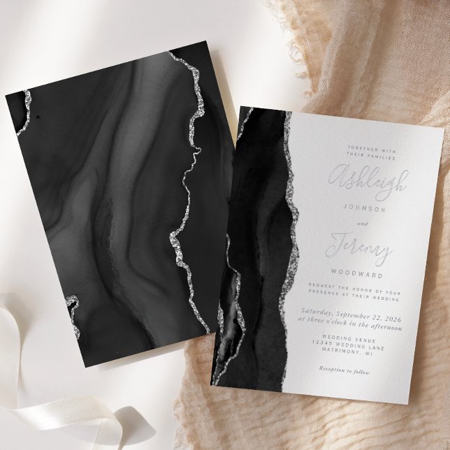 Modern Silver Black Agate Wedding Foil Invitation (Creator Uploaded)