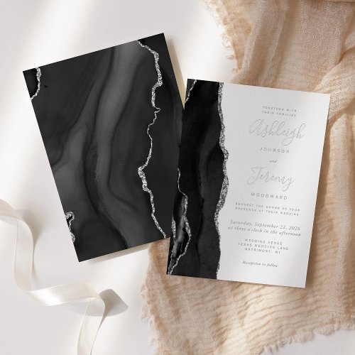 Modern Silver Black Agate Wedding Foil Invitation