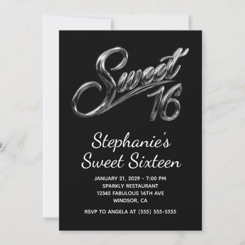 Modern Silver Black Chrome Sweet 16 Invitation