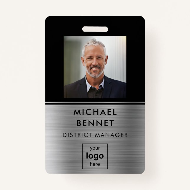 Modern Silver Black Employee Photo ID Badge (Front)