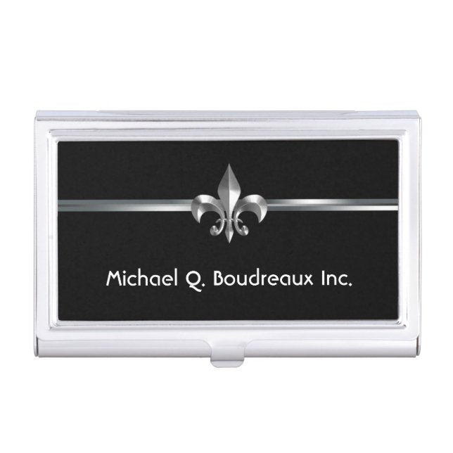 Modern Silver Black Fleur de Lis Business Card Holder (Front)