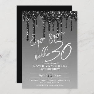 Modern Silver Black Glitter 30th Birthday Party Invitation